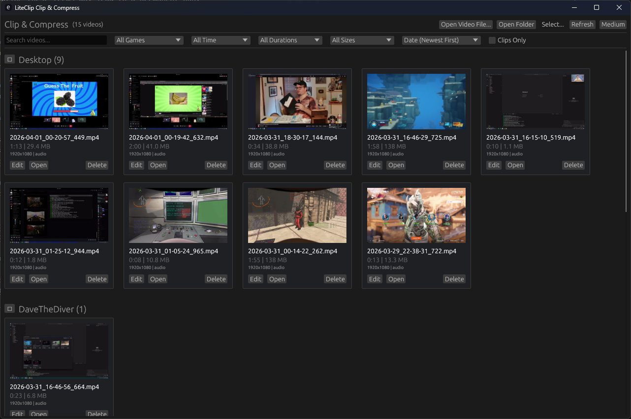 LiteClip gallery, with thumbnails grouped by game