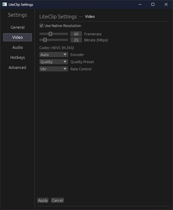 The settings panel showing video, audio, hotkey and advanced tabs